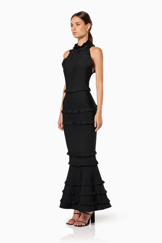 ELLIATT - Backless black frill gown in Black