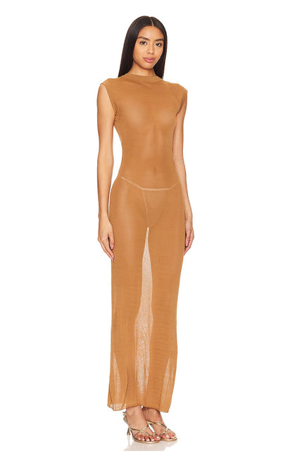 Camila Coelho - Backless sheer maxi dress in Brown Camel