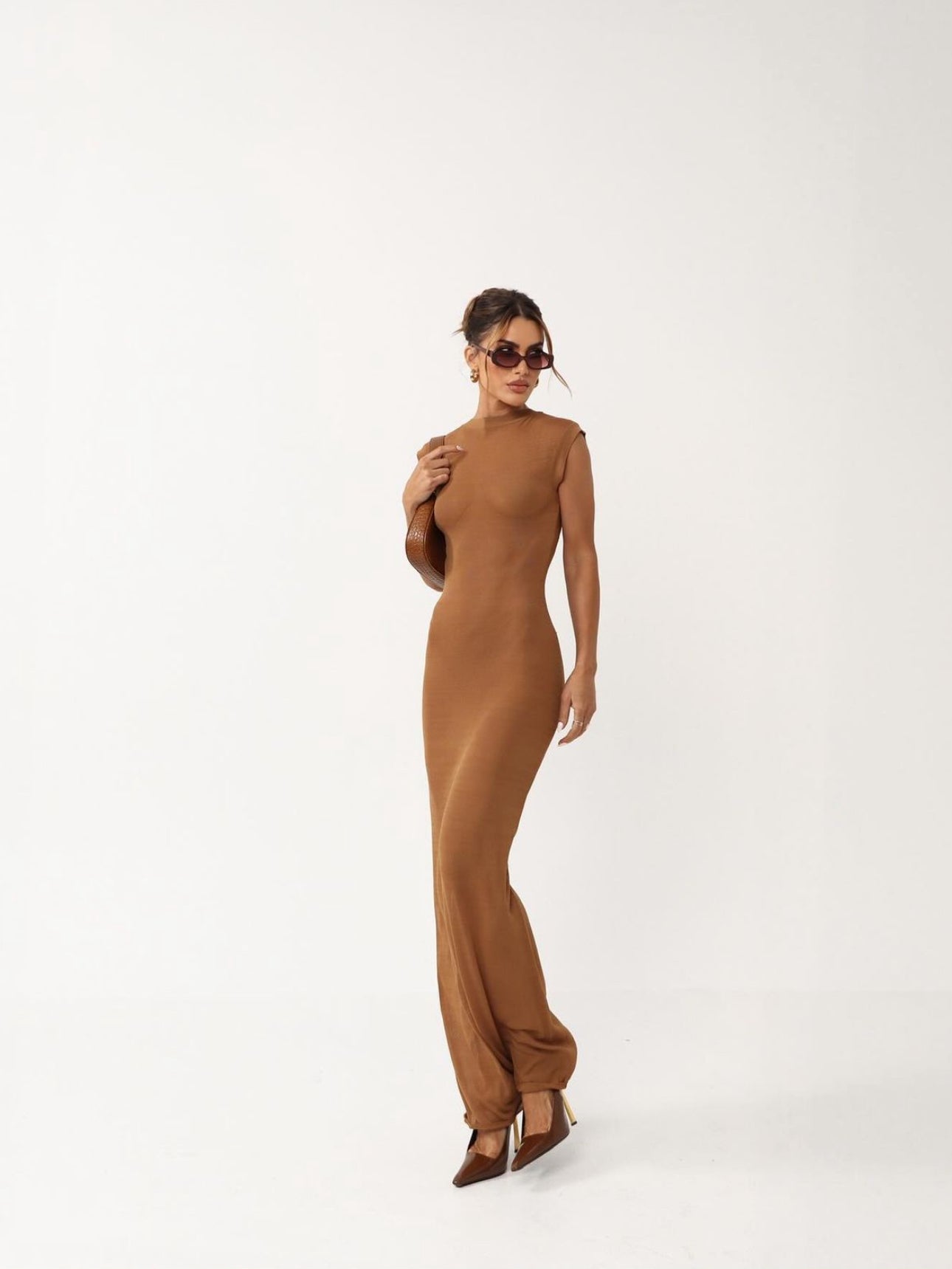 Camila Coelho - Backless sheer maxi dress in Brown Camel