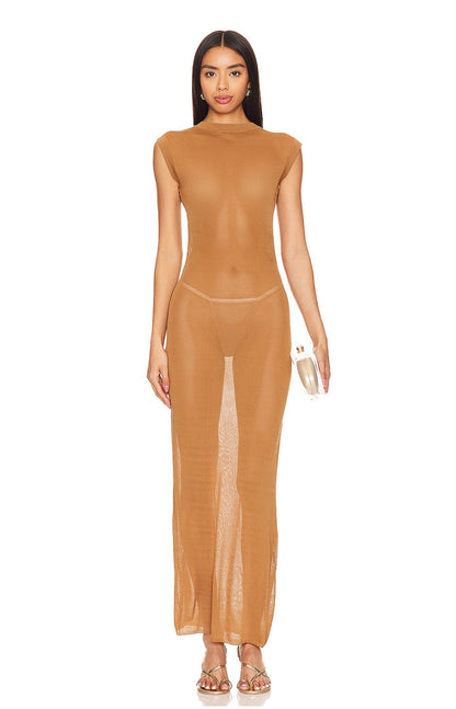 Camila Coelho - Backless sheer maxi dress in Brown Camel