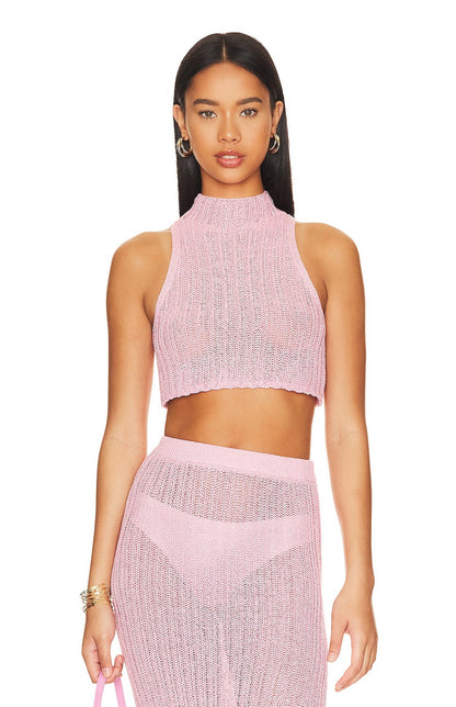 Camila Coelho - Sheer pink halter crop top in Pink